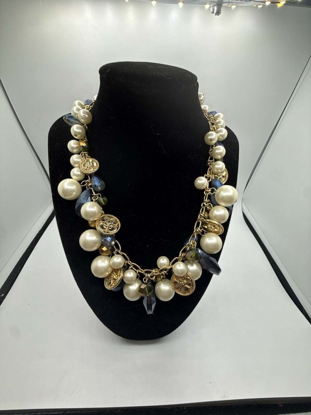Charter Club Gold-Tone Faux Pearl and Blue Crystal Charm Statement Necklace
